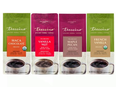 Teeccino Vanilla Nut, French Vanilla, Maca Chocolate, Maple Pecan Variety Pack Supply