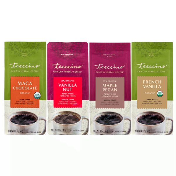 Teeccino Vanilla Nut, French Vanilla, Maca Chocolate, Maple Pecan Variety Pack Supply